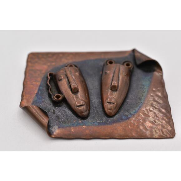 Rebajes Vintage Brazilian Mask Pin Brooch Abstract Copper Signed 1950s BinBP - Picture 5 of 12